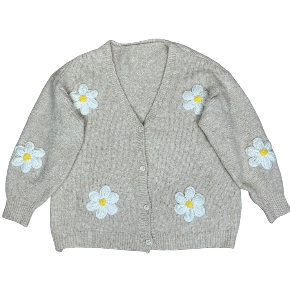 Boutique Daisy Applique Cardigan Sweater 2XL Cottagecore Cozy‎ Floral Knit